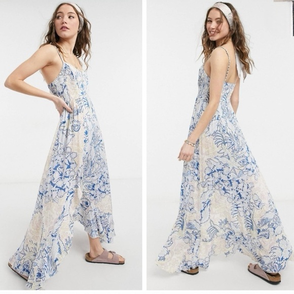 FREE PEOPLE Forever Yours Ruffled Smocked Floral Slip high-low Maxi Dress Small - Picture 1 of 9